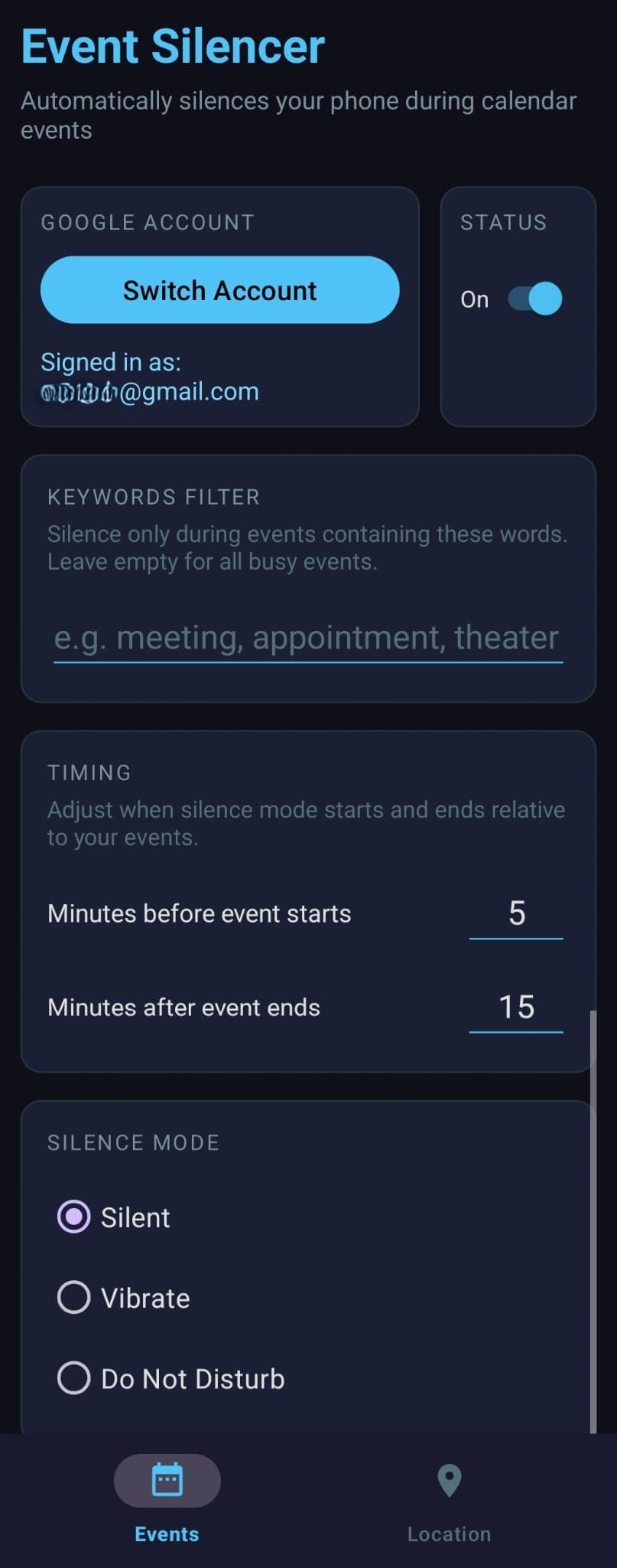 Event Silencer - Events screen