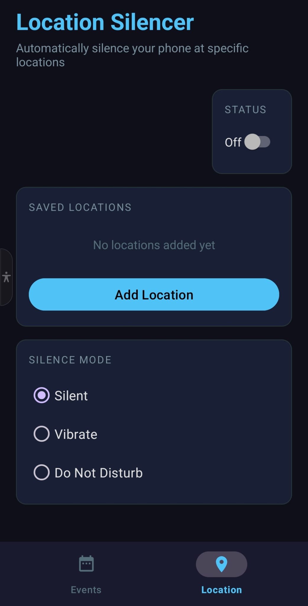 Event Silencer - Location screen